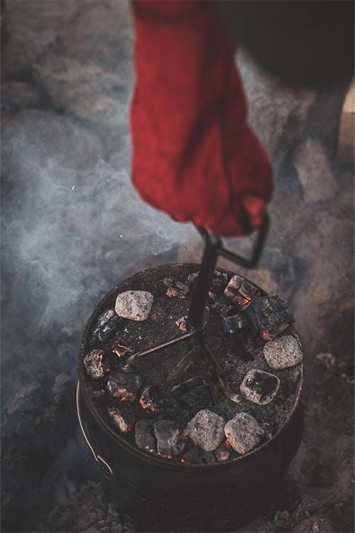 camp with cast iron