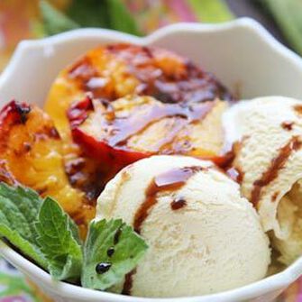 Grilled Peaches with Buttermilk Ice Cream Balsamic Glaze